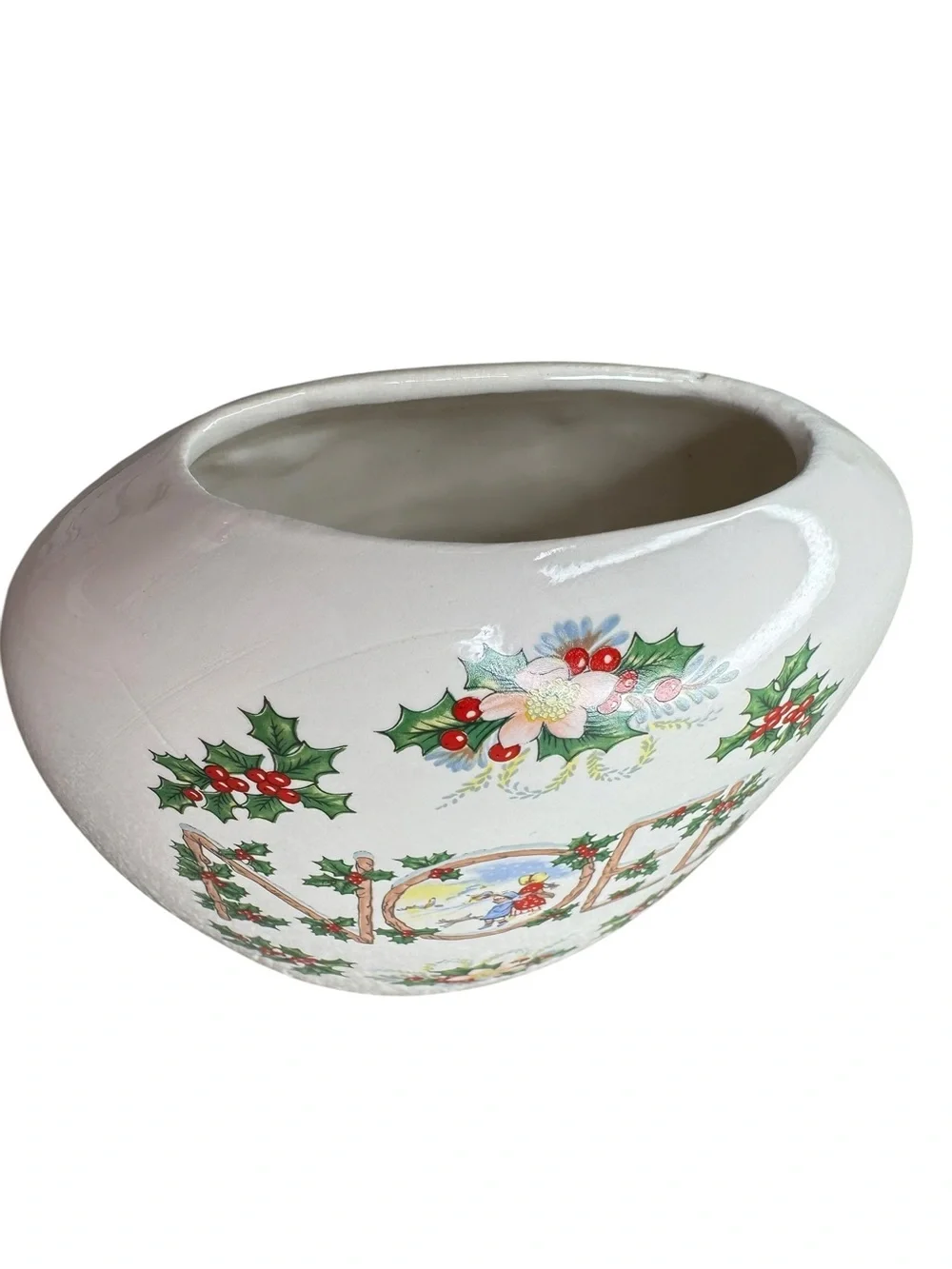 Vintage Noel Christmas Ceramic Planter Cachepot Holiday Centerpiece Decor